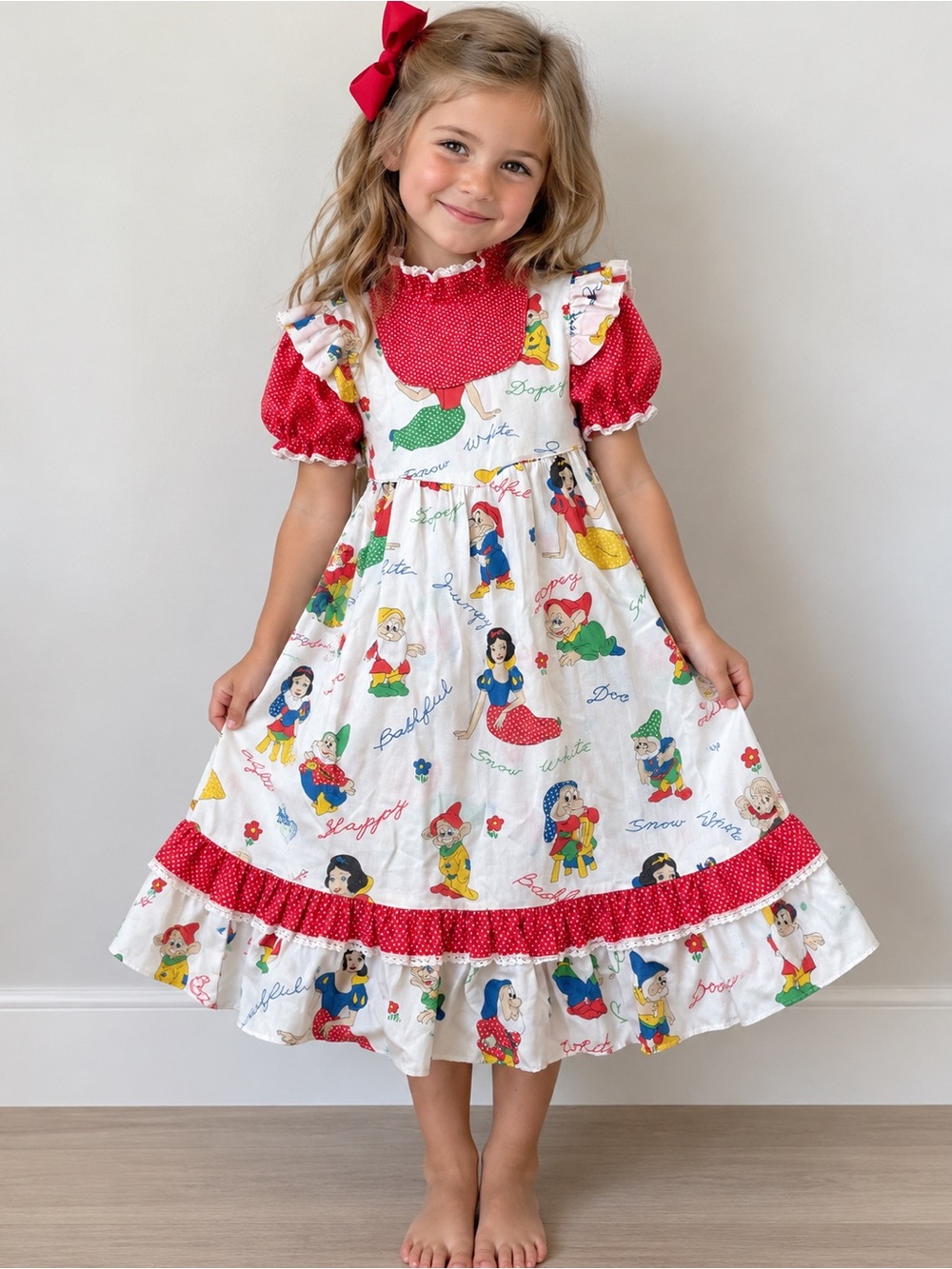 Vintage JCPenny Girls Size 5 Disney Snow White Dress Prairie Cottage Dwarfs